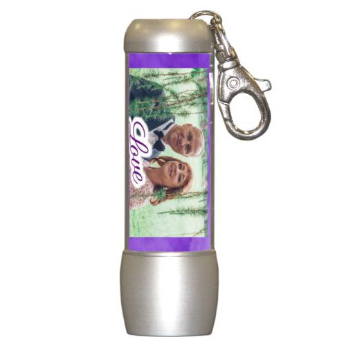 Personalized flashlight personalized with purple cloud pattern and photo and the saying "love"
