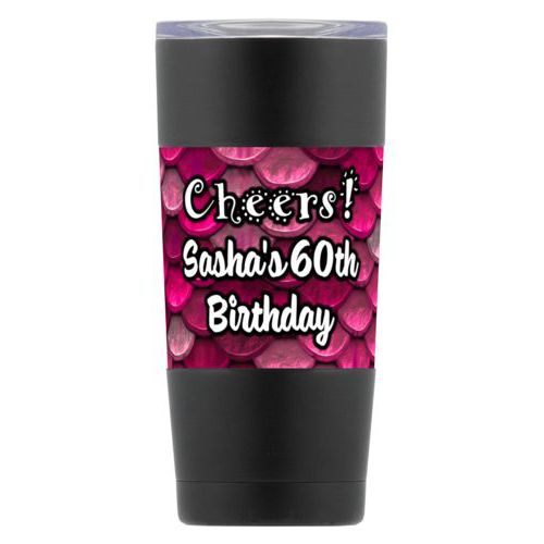 Personalized insulated steel mug personalized with pink mermaid pattern and the saying "Cheers! Sasha's 60th Birthday"