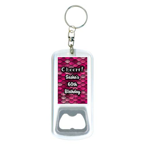Personalized bottle opener personalized with pink mermaid pattern and the saying "Cheers! Sasha's 60th Birthday"