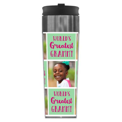 Personalized steel mug personalized with a photo and the saying "World's Greatest Grammy" in pomegranate and spearmint