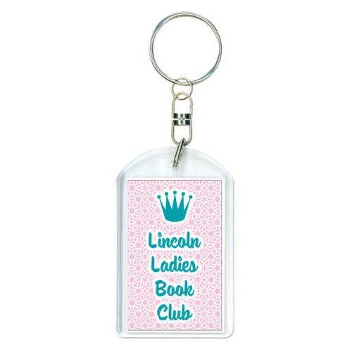 Personalized plastic keychain personalized with lattice pattern and the sayings "Lincoln Ladies Book Club" and "Crown"