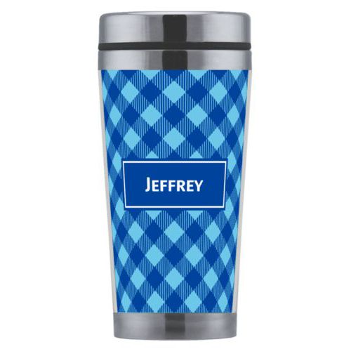 Personalized coffee mug personalized with check pattern and name in ultramarine