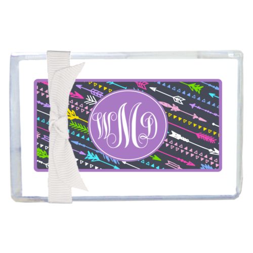 Personalized enclosure cards personalized with arrows pattern and monogram in purple powder