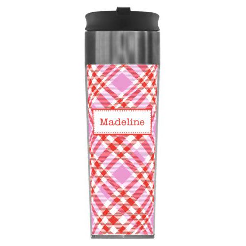 Personalized steel mug personalized with tartan pattern and name in red punch and thistle