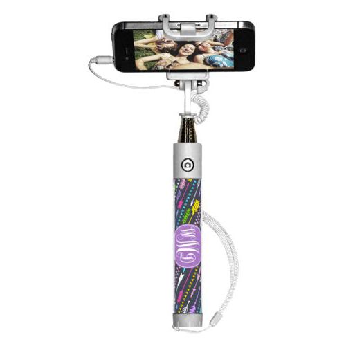 Personalized selfie stick personalized with arrows pattern and monogram in purple powder