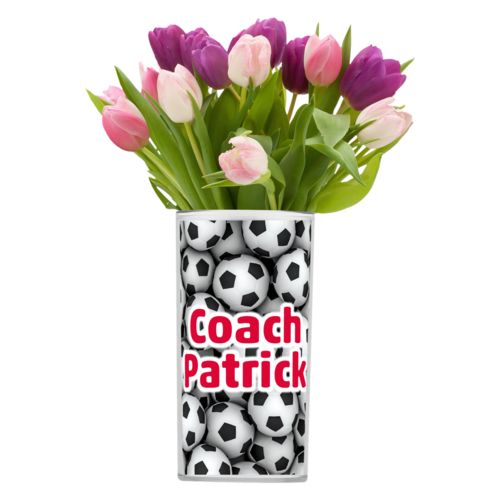 Personalized vase personalized with soccer balls pattern and the saying "Coach Patrick"