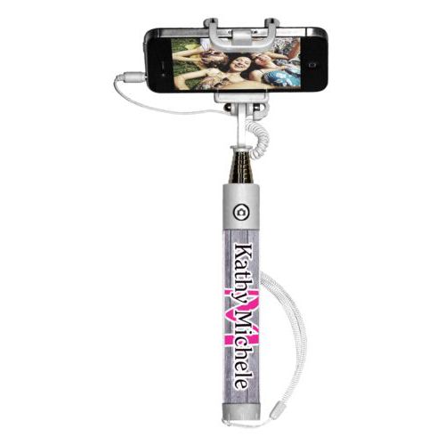 Personalized selfie stick personalized with grey wood pattern and the sayings "M" and "Kathy Michele"