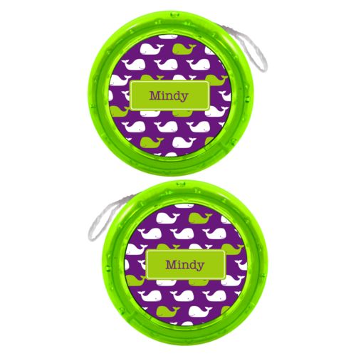 Personalized yoyo personalized with whales pattern and name in orchid and juicy green
