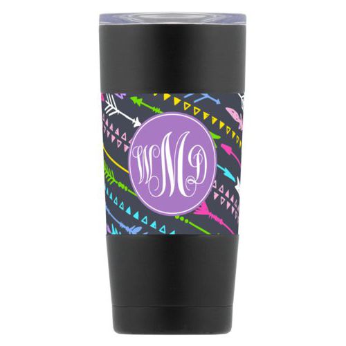 Personalized insulated steel mug personalized with arrows pattern and monogram in purple powder