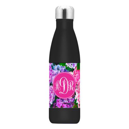 Personalized steel water bottle personalized with hydrangea pattern and monogram in pink