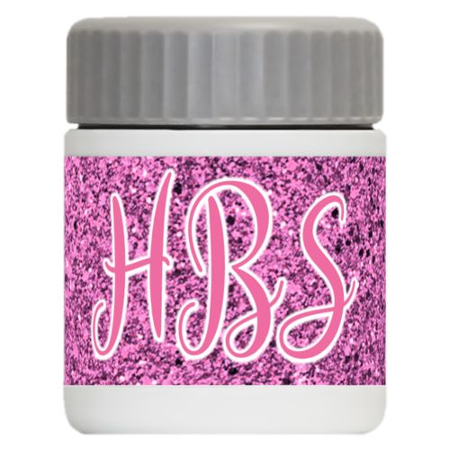 Personalized 12oz food jar personalized with light pink glitter pattern and the saying "HBS"