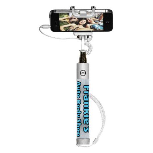 Personalized selfie stick personalized with steel industrial pattern and the saying "Frankie's Auto Body Shop"