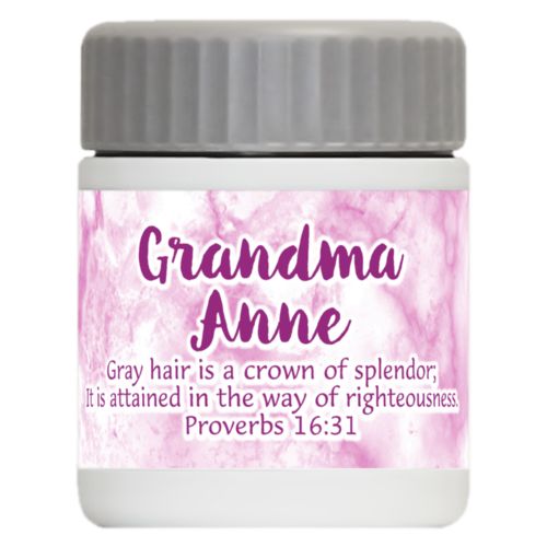 Personalized 12oz food jar personalized with pink marble pattern and the saying "Grandma Anne Gray hair is a crown of splendor; It is attained in the way of righteousness. Proverbs 16:31"