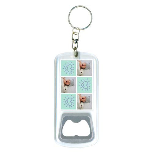 Personalized bottle opener personalized with a photo and the saying "Smiling Heart" in easter purple and mint