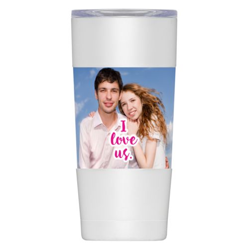 Personalized insulated steel mug personalized with photo and the saying "I love us"