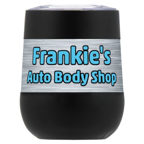 Personalized insulated wine tumbler personalized with steel industrial pattern and the saying "Frankie's Auto Body Shop"