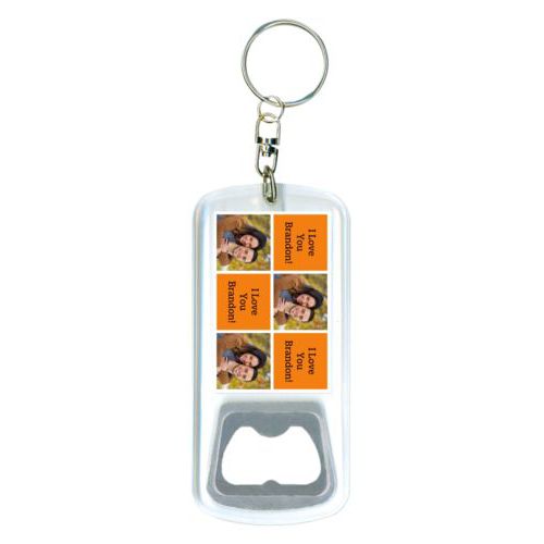 Personalized bottle opener personalized with a photo and the saying "I Love You Brandon!" in black and juicy orange
