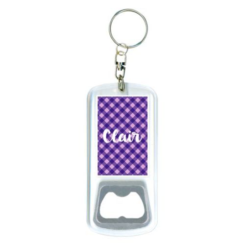 Personalized bottle opener personalized with check pattern and the saying "Clair"