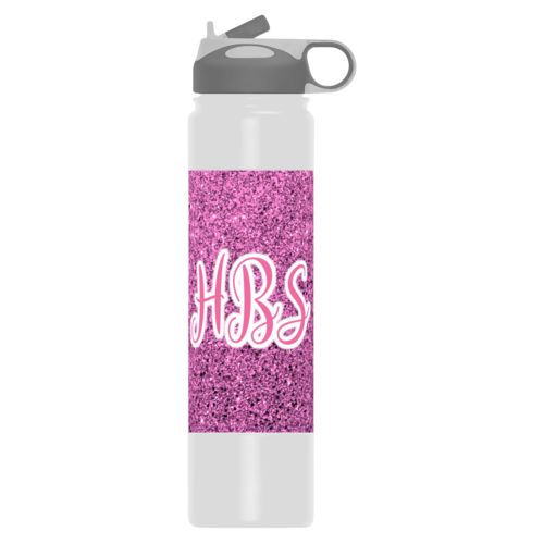 Personalized water bottle personalized with light pink glitter pattern and the saying "HBS"
