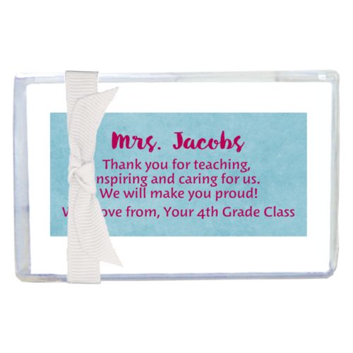 Personalized enclosure cards personalized with teal chalk pattern and the saying "Mrs. Jacobs Thank you for teaching, inspiring and caring for us. We will make you proud! With love from, Your 4th Grade Class"