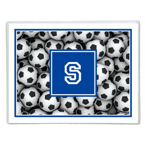 Personalized note cards personalized with soccer balls pattern and initial in royal blue