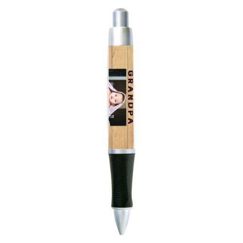 Personalized pen personalized with natural wood pattern and photo and the saying "I got promoted from dad to grandpa"
