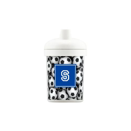 Personalized toddlercup personalized with soccer balls pattern and initial in royal blue