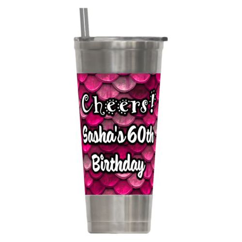 Personalized insulated steel tumbler personalized with pink mermaid pattern and the saying "Cheers! Sasha's 60th Birthday"