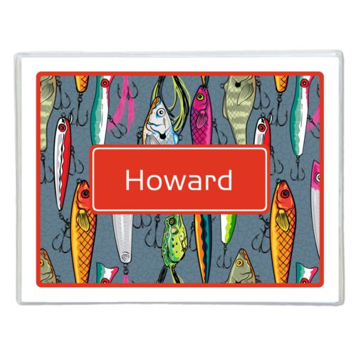 Personalized note cards personalized with fishing lures pattern and name in strong red