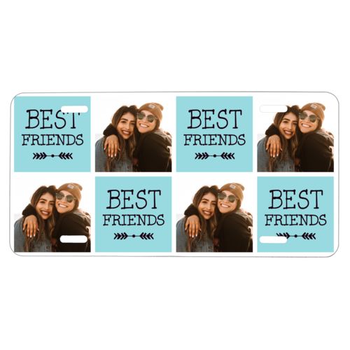 Custom license plate personalized with a photo and the saying "Best Friends" in black and robin's shell