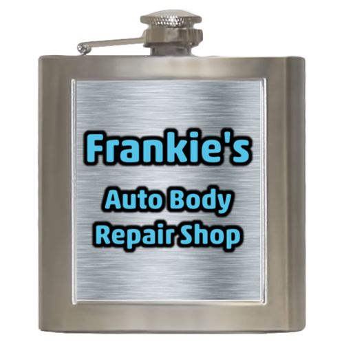 Personalized 6oz flask personalized with steel industrial pattern and the saying "Frankie's Auto Body Repair Shop"