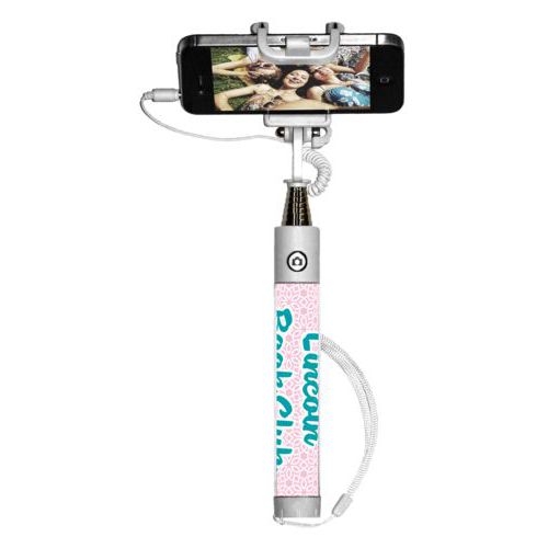 Personalized selfie stick personalized with lattice pattern and the saying "Lincoln Book Club"