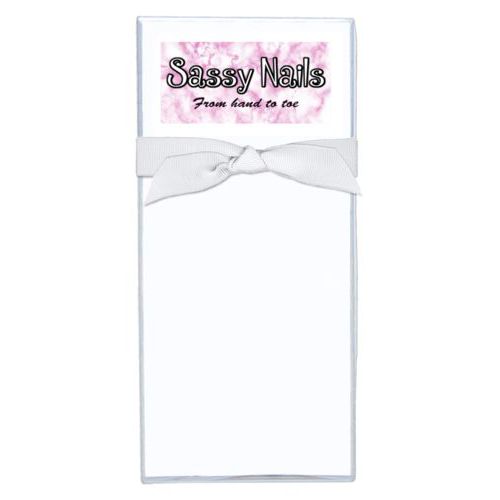 Personalized note sheets personalized with pink marble pattern and the sayings "Sassy Nails" and "From hand to toe"