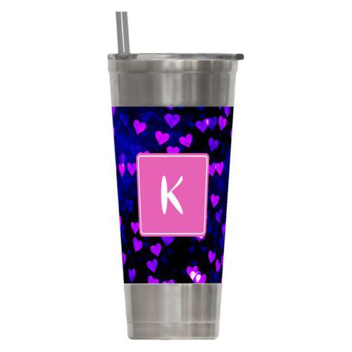 Personalized insulated steel tumbler personalized with dream hearts pattern and initial in pink