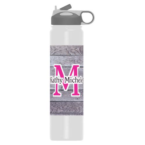 Insulated water bottle personalized with grey wood pattern and the sayings "M" and "Kathy Michele"