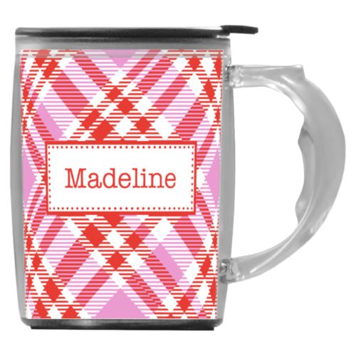 Custom mug with handle personalized with tartan pattern and name in red punch and thistle