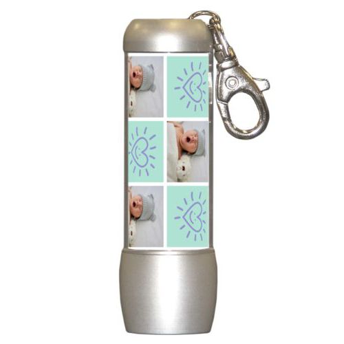 Personalized flashlight personalized with a photo and the saying "Smiling Heart" in easter purple and mint