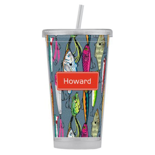 Personalized tumbler personalized with fishing lures pattern and name in strong red