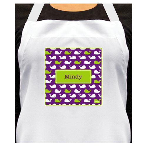 Personalized apron personalized with whales pattern and name in orchid and juicy green