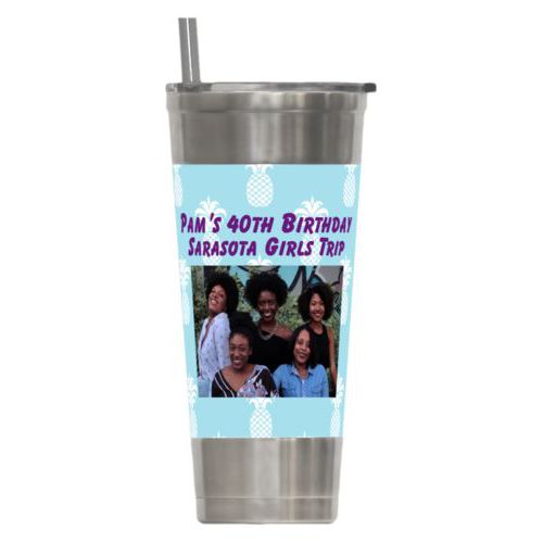 Personalized insulated steel tumbler personalized with welcome pattern and photo and the saying "Pam's 40th Birthday Sarasota Girls Trip"