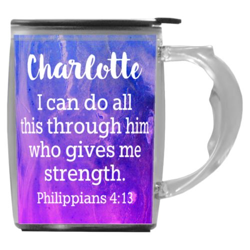 Custom mug with handle personalized with ombre amethyst pattern and the saying "Charlotte I can do all this through him who gives me strength. Philippians 4:13"