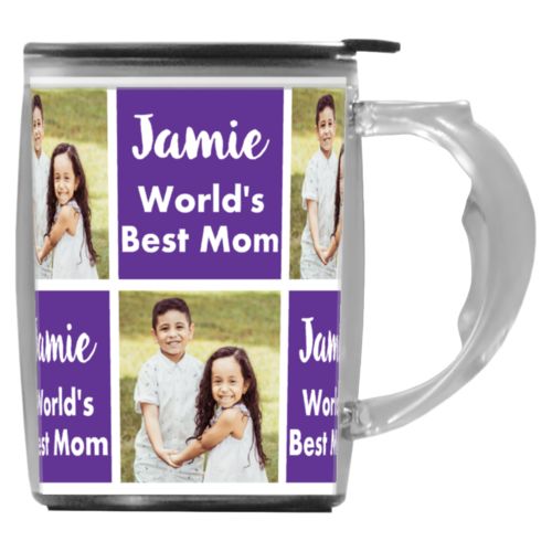 Custom mug with handle personalized with a photo and the saying "Jamie World's Best Mom" in purple and white
