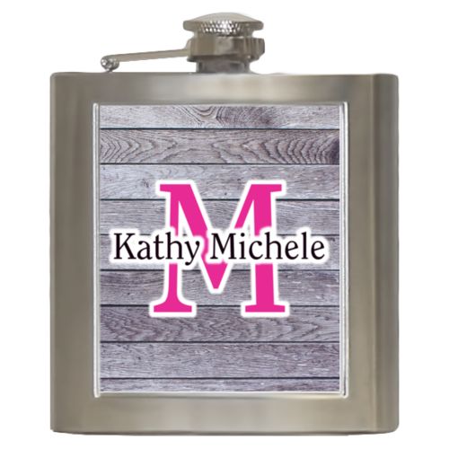 Personalized 6oz flask personalized with grey wood pattern and the sayings "M" and "Kathy Michele"