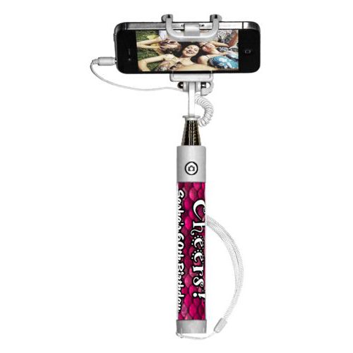 Personalized selfie stick personalized with pink mermaid pattern and the saying "Cheers! Sasha's 60th Birthday"