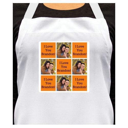 Personalized apron personalized with a photo and the saying "I Love You Brandon!" in black and juicy orange