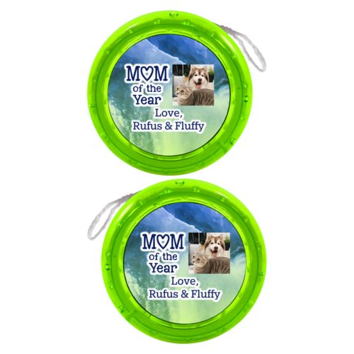 Personalized yoyo personalized with ombre quartz pattern and photo and the sayings "Mom of the Year" and "Love, Rufus & Fluffy"