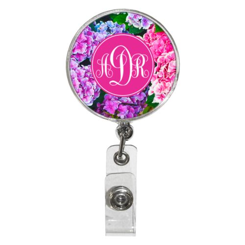 Personalized badge reel personalized with hydrangea pattern and monogram in pink