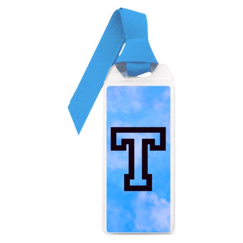 Personalized book mark personalized with light blue cloud pattern and the saying "T"