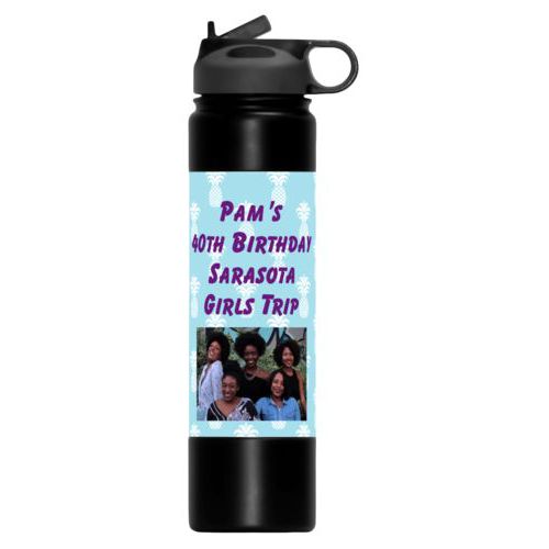 Vacuum sealed water bottle personalized with welcome pattern and photo and the saying "Pam's 40th Birthday Sarasota Girls Trip"