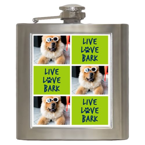 Personalized 6oz flask personalized with a photo and the saying "Live love bark" in navy blue and juicy green